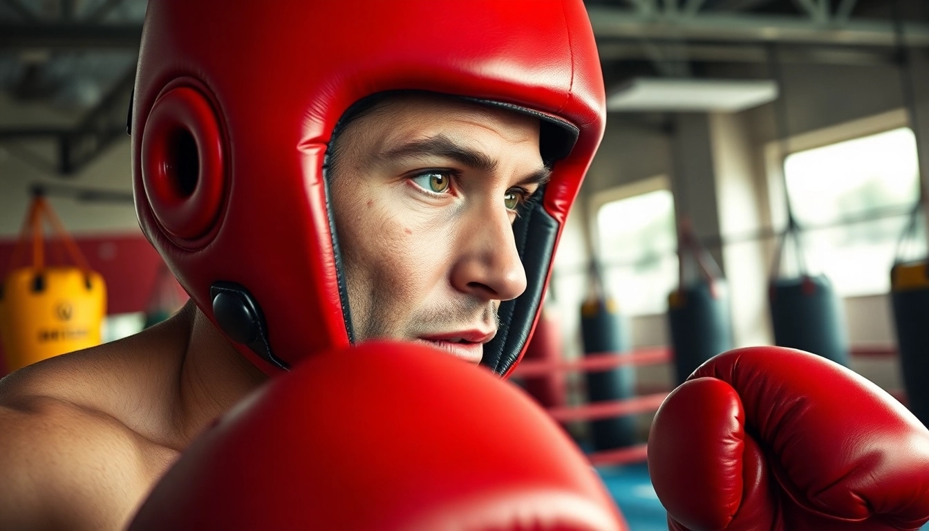 Kämpfer mit hochwertigem headgear boxing während des Trainings in einem professionellen Fitnessstudio.