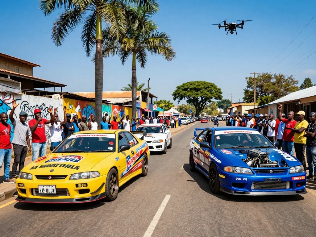 Street racing Kenya event with high-performance cars and cheering crowd.