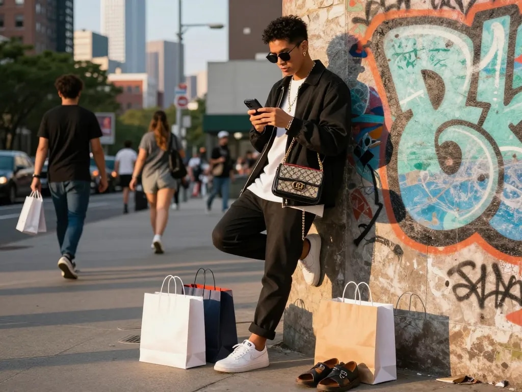 Stylish urban individual showcasing 레플리카 fashion against vibrant city backdrop, embodying modern street style.