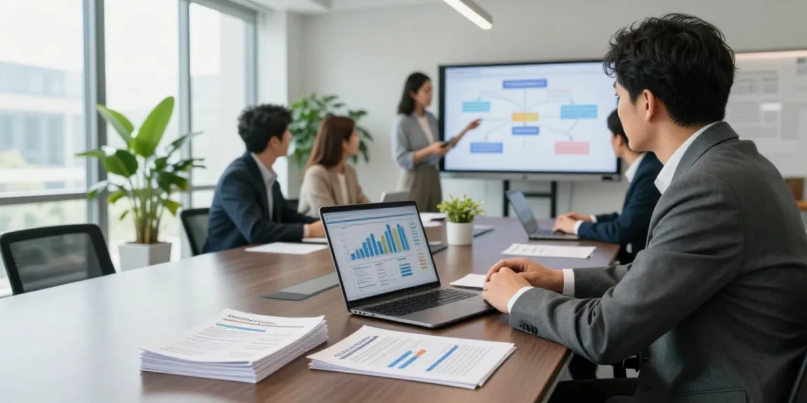 Discussing deposit 5000 options in a modern financial office with advisor and reports.