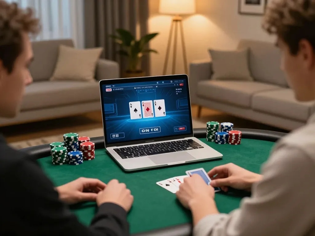 Player strategizing in an online Nk88 poker game with focused expressions.