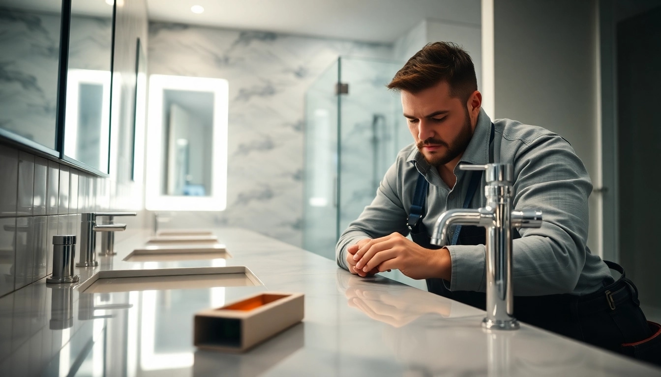 Expert bathroom remodeling contractors installing elegant fixtures and stylish accessories in a modern setting.
