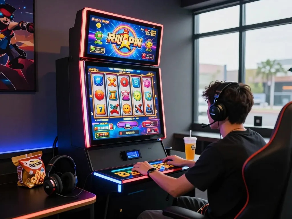 Engaging gaming scene with vibrant slot machine gameplay on vegasslot77 platform, surrounded by modern accessories and ambient lighting.