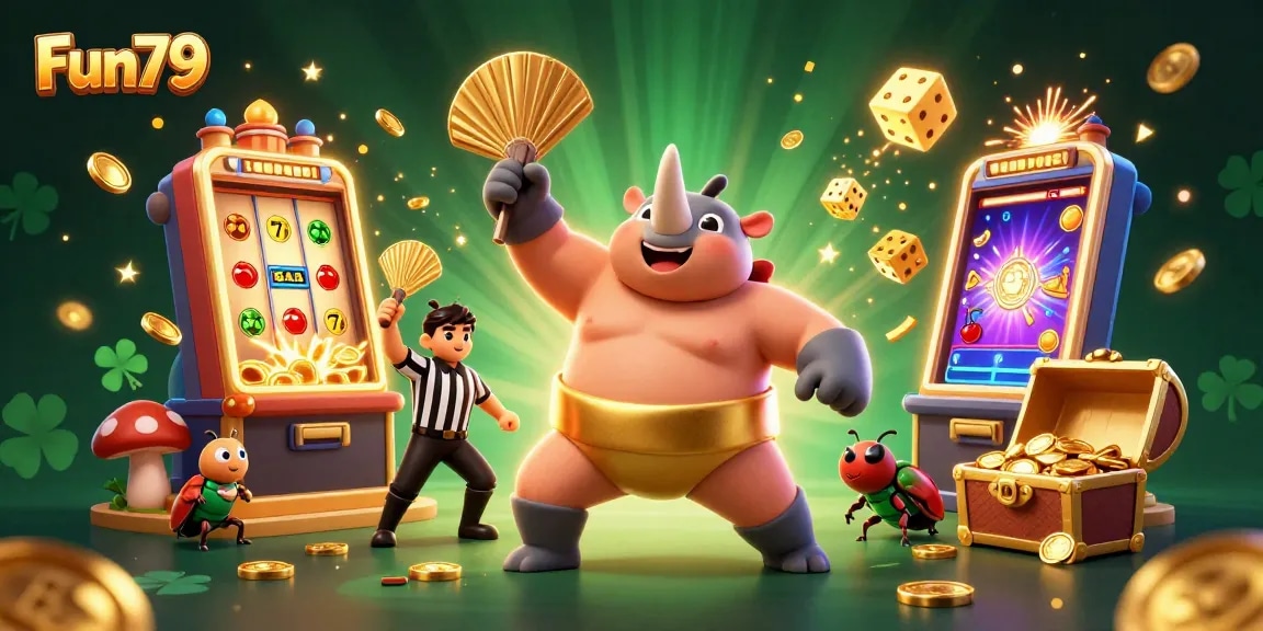 Experience the thrill at Fun79 with a lively casino scene featuring vibrant 3D characters celebrating jackpot wins.