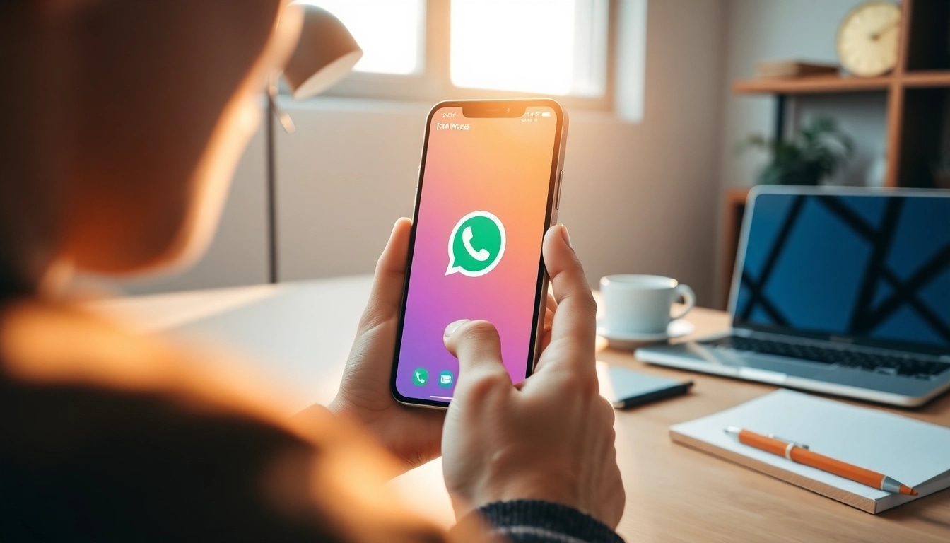 FM WhatsApp interface displayed on a modern smartphone in a stylish workspace.