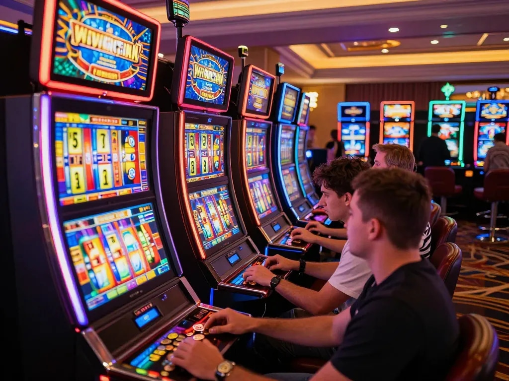 Players enjoying vibrant slot machines at a casino, showcasing slot server luar negeri excitement and gameplay.