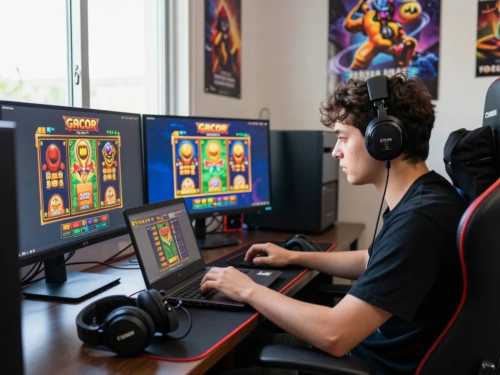 Player enjoying slot gacor games on a laptop in an exciting gaming environment with vibrant graphics.
