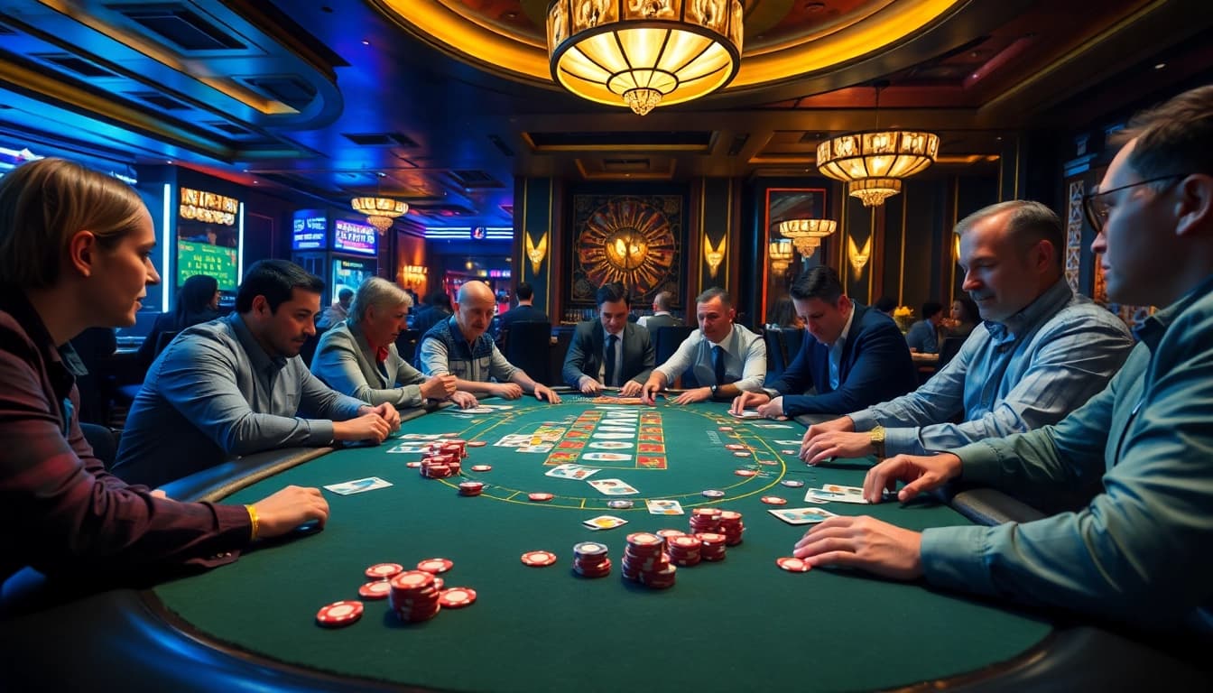Menggambarkan interwin official di meja poker kasino dengan pemain yang terlibat dan suasana yang enerjik.