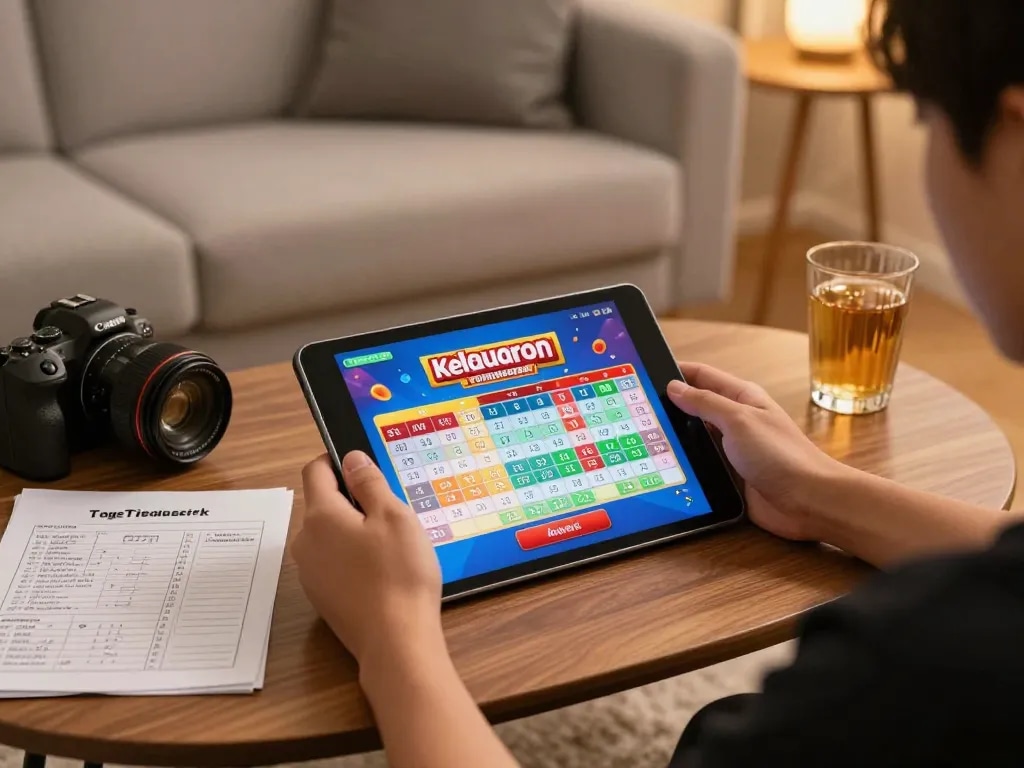 Engaging with keluaran togel singapore on a tablet in a cozy home gaming setup, showcasing strategy notes and beverage.