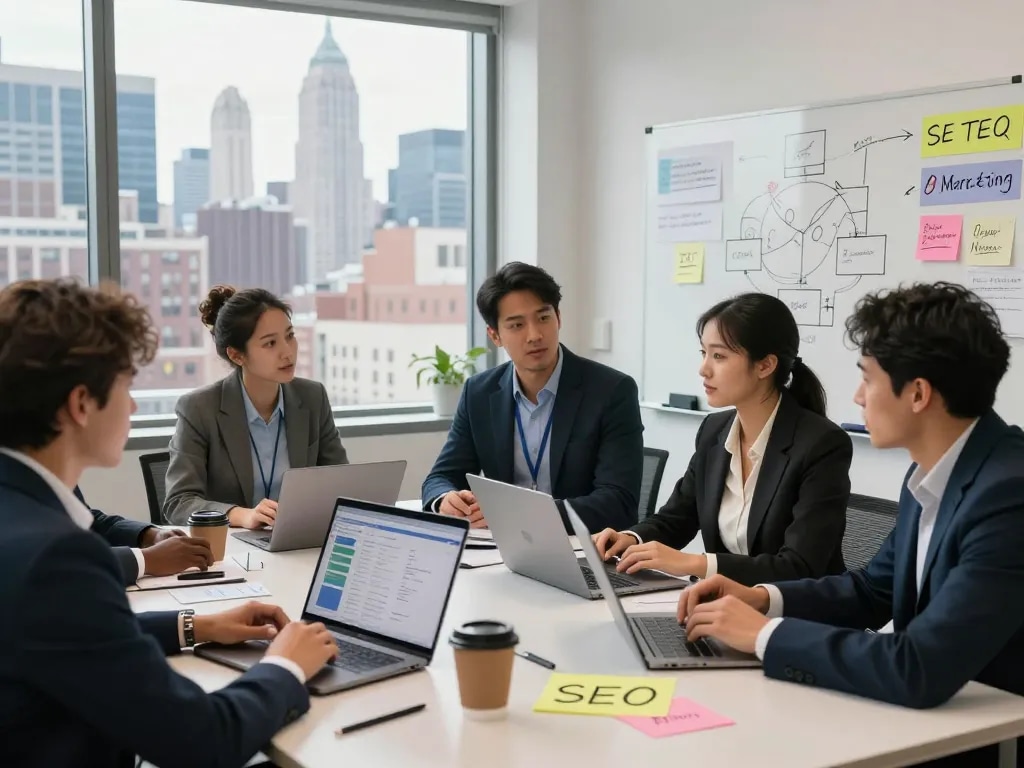 Teamwork in a NYC SEO Company office, with professionals collaborating on digital marketing strategies and analytics.