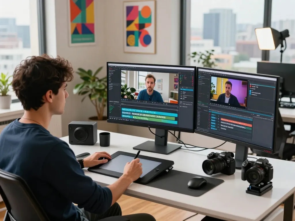 Professional video to prompt generation in a digital workspace with content creator analyzing video footage.