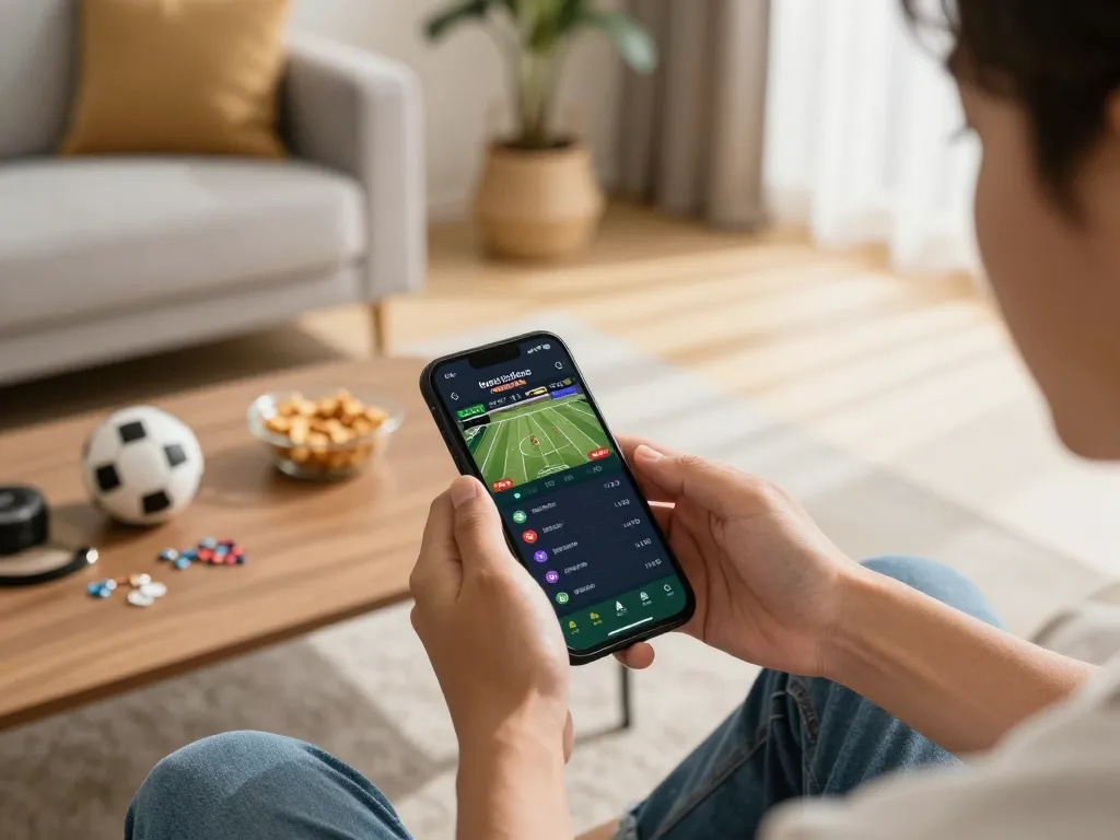 Engaged bk8 player using smartphone for live sports betting in a cozy living room.