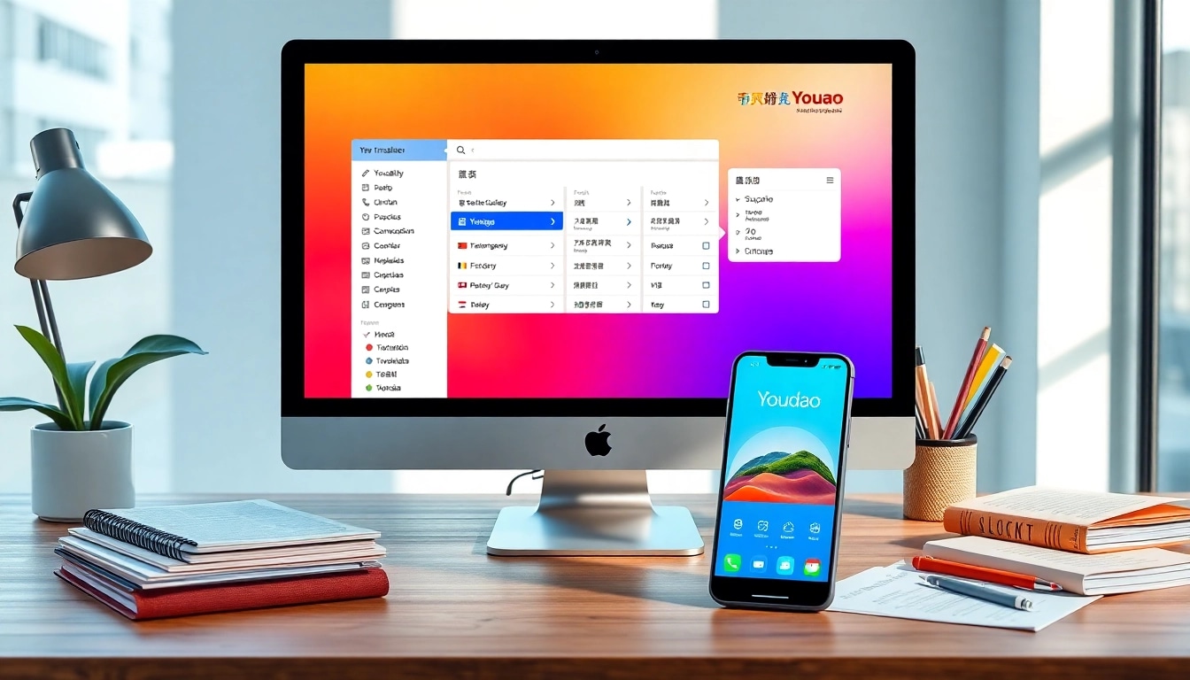 Youdao translation tool interface showcased in a modern workspace, emphasizing multilingual communication.