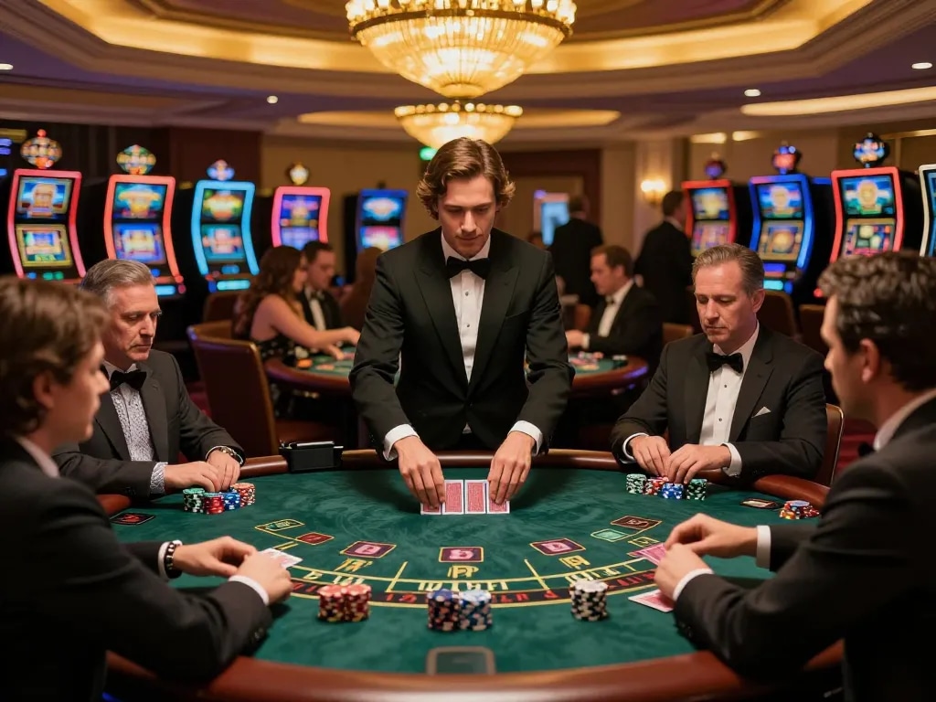 Experience the excitement of gameplay at the casino with https://www.mnm88.com/, featuring players engaged at a blackjack table.