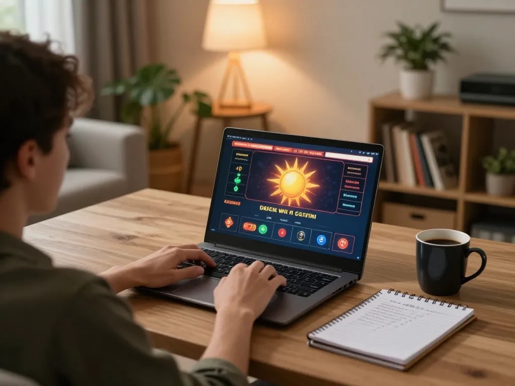 Player enjoying gameplay on sun win casino app while sipping coffee in a cozy home setting
