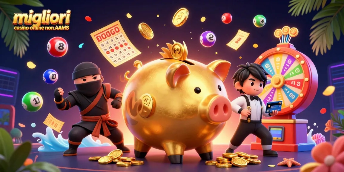 Incontra i migliori casino online non AAMS con il nostro maialino salvadanaio mentre piovono monete dorate.