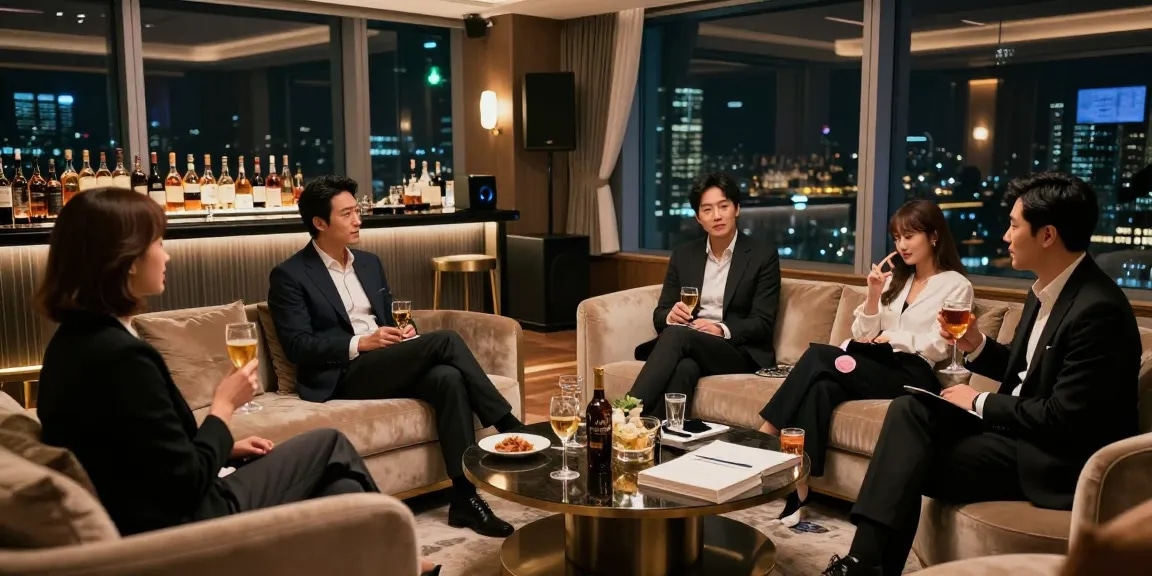 강남쩜오 프리미엄 엔터테인먼트 룸에서 고급 음료를 즐기는 고객들