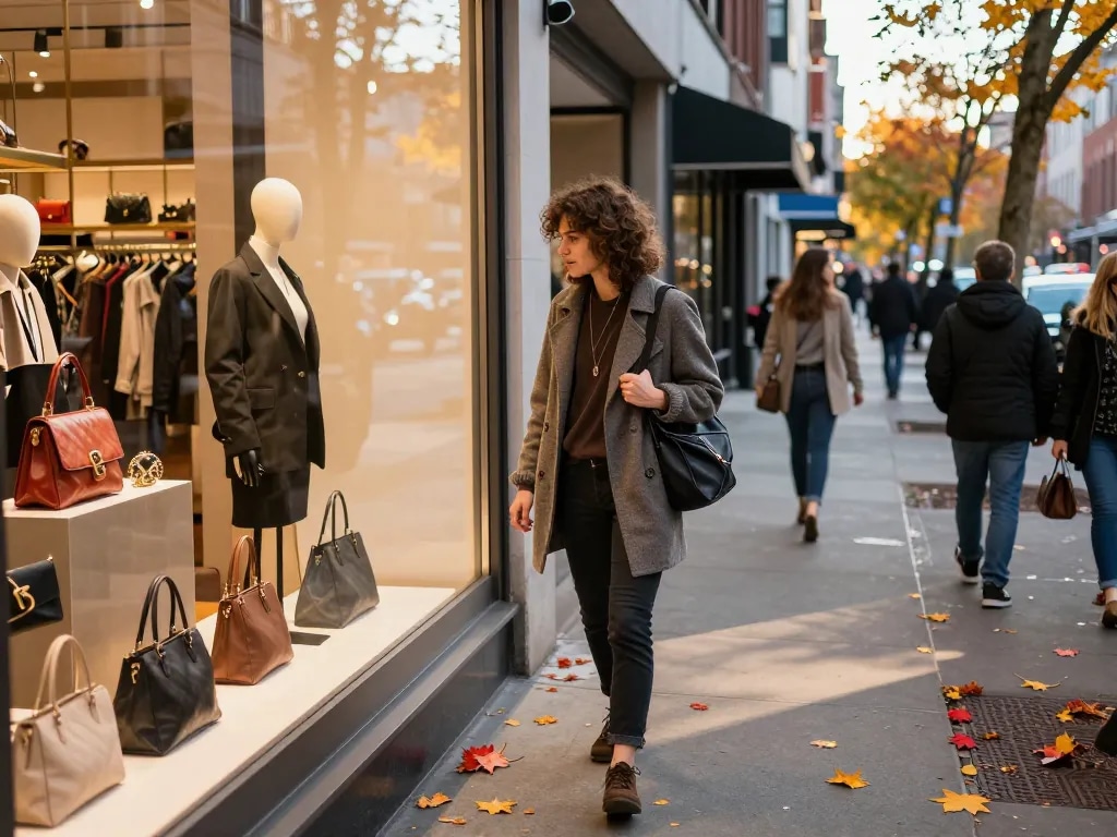 Engaging urban shopping experience at a 레플리카 사이트 boutique showcasing stylish handbags.