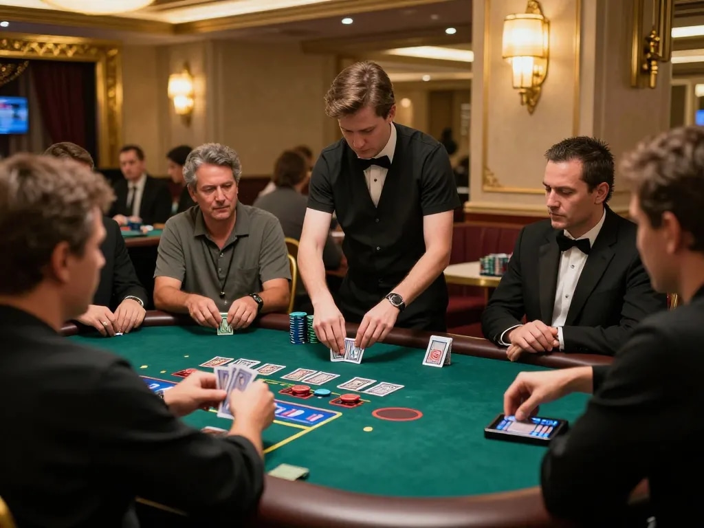 Players enjoying an exciting blackjack game at Thabet casino with a live dealer present