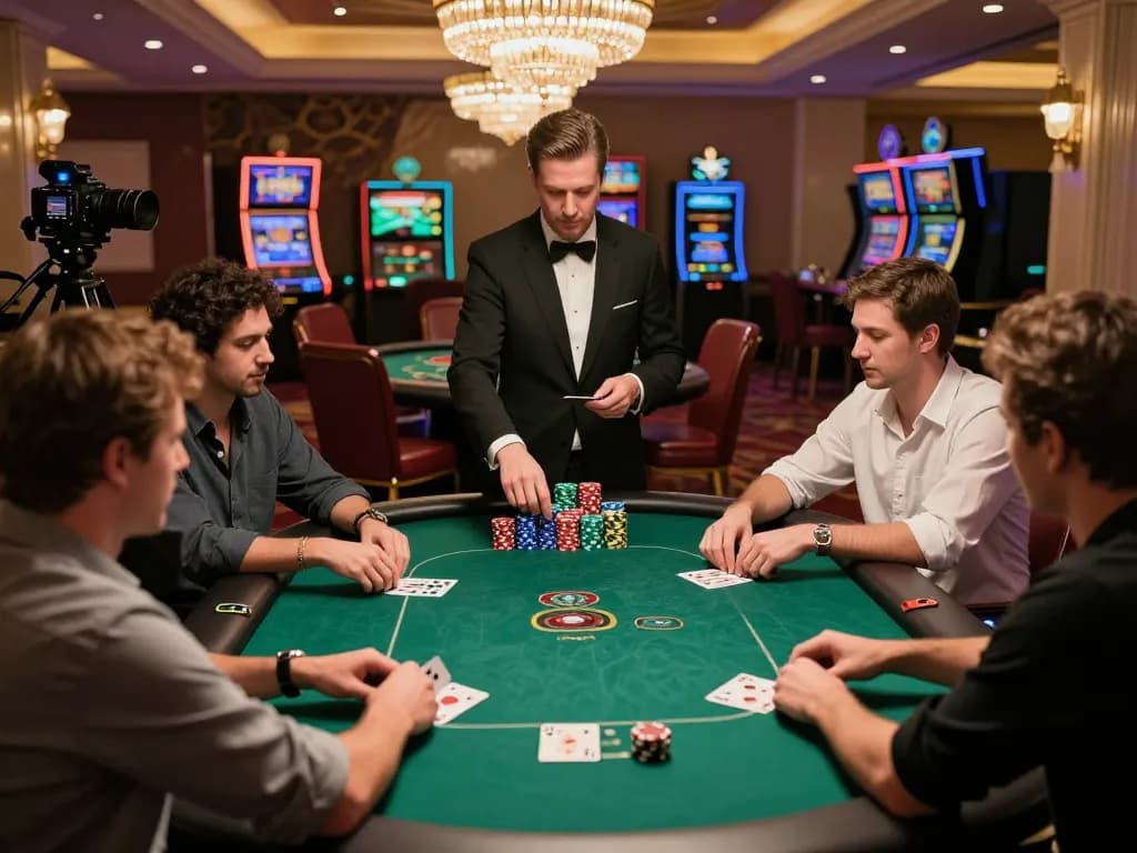 Players strategizing during a poker game at Thabet Casino, showcasing intense gameplay and vibrant atmosphere.