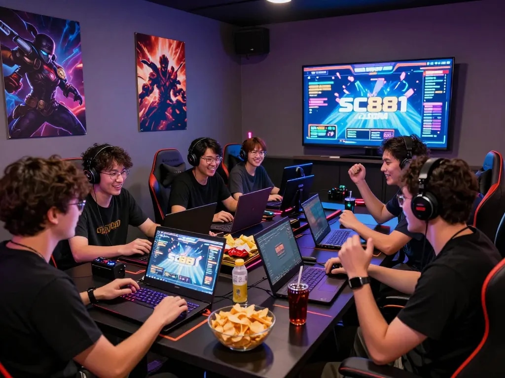 Group of friends enjoying a gaming session at sc881.COM with snacks and excitement.