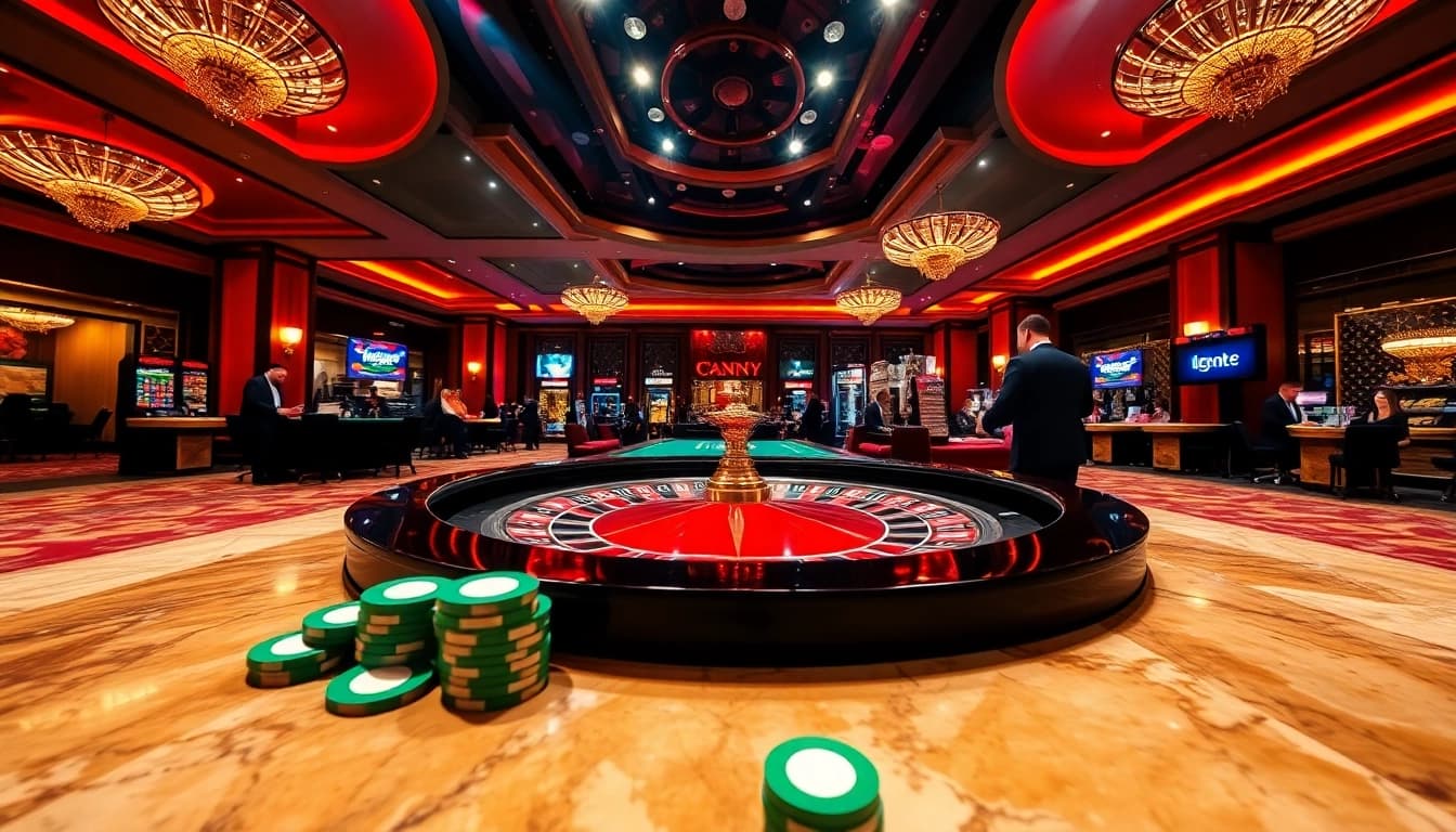 Permainan poker yang mendebarkan di kasino ibet44 dengan suasana ceria dan lampu dramatis.