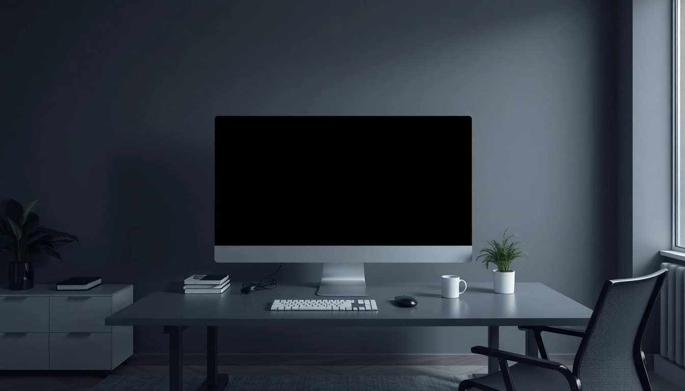 Fullscreen black screen (pantalla negra) in a modern workspace promoting focus and minimalism.
