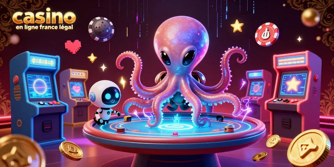 Illustration dynamique d'un casino en ligne France légal, avec un octopus extraterrestre et une table de poker holographique