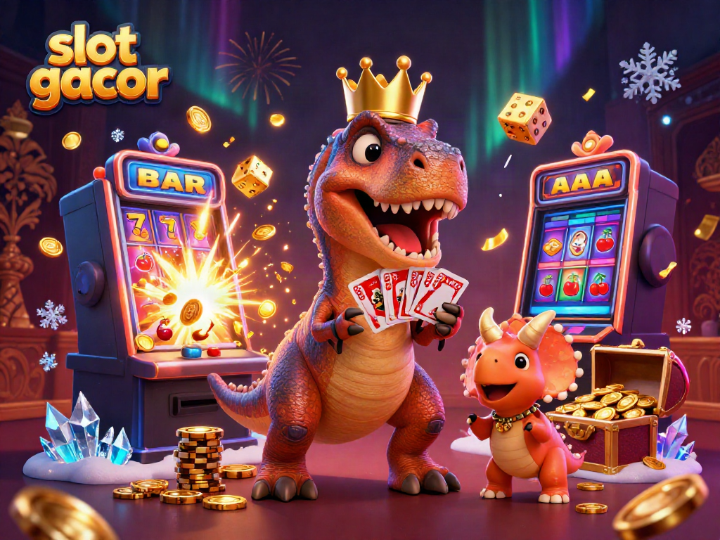 Slot gacor dengan dino lucu bermain kartu dan menumpuk chip emas.