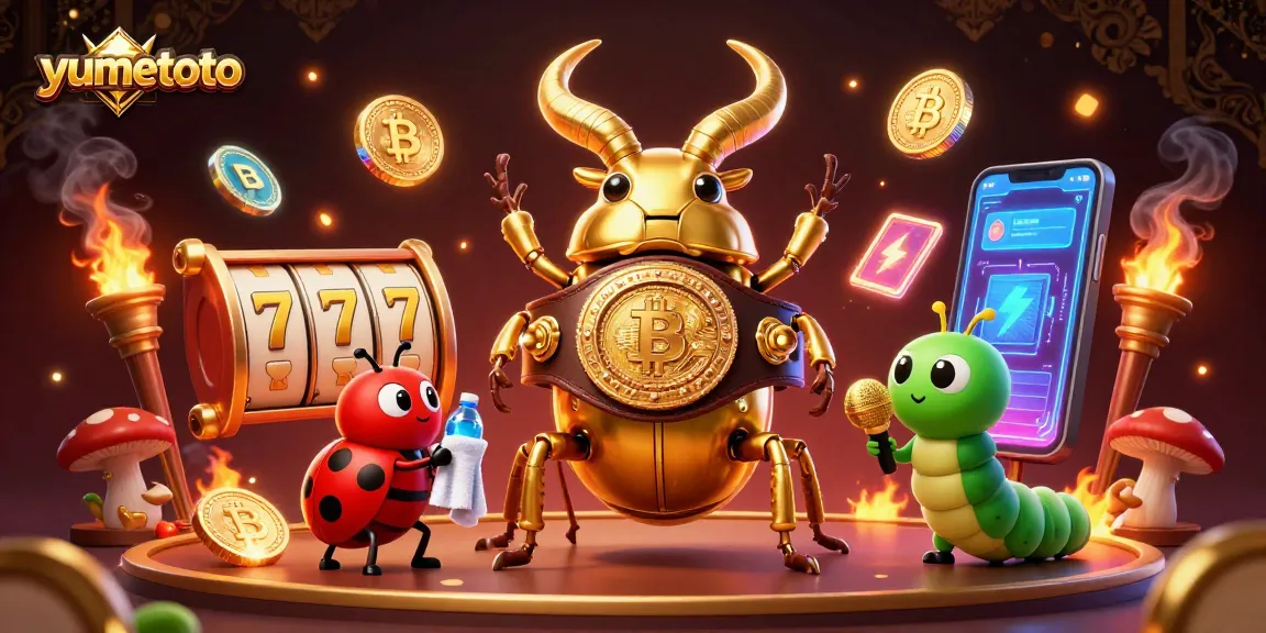 Gambarlah pengalaman bermain yang mendebarkan di yumetoto dengan slot dan simbol kemenangan di latar belakang.