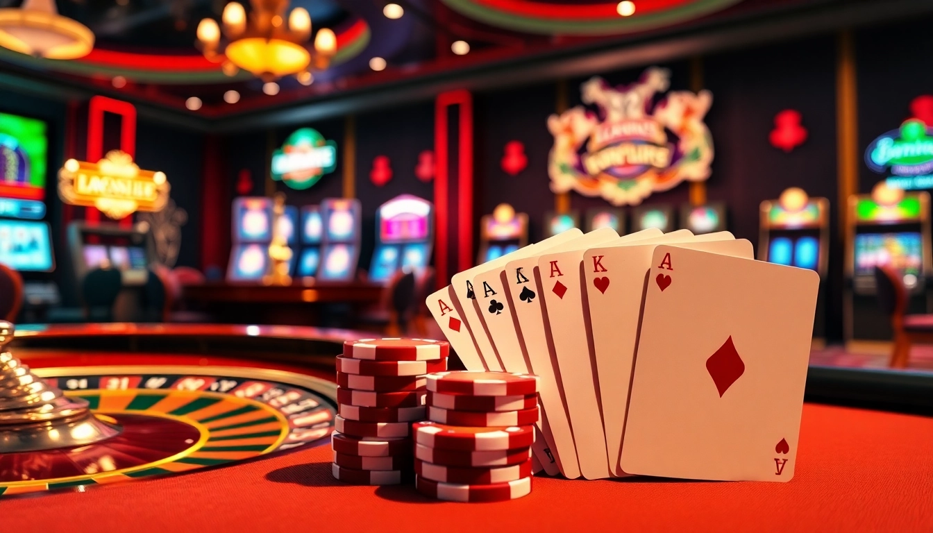 Joueurs de casino en ligne engagés dans un jeu passionnant avec des jetons de poker et des cartes à jouer mises en avant.
