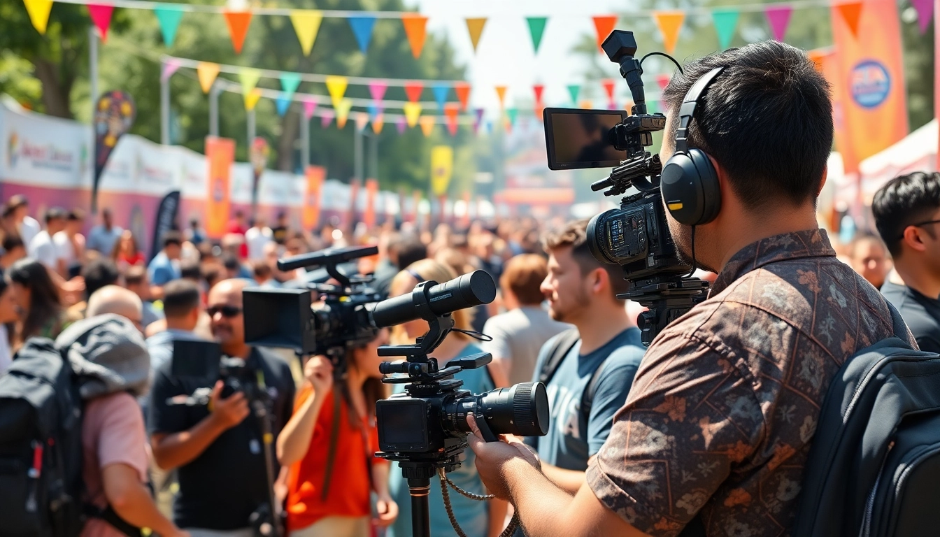 Mobile production services team capturing live event footage with professional equipment.