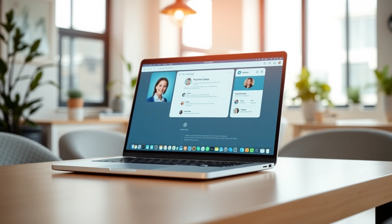 Showcasing enterprise assistant saas functionality on a modern laptop in a bright office.