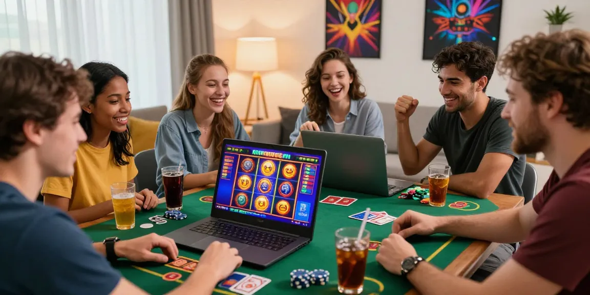 Exciting scene of friends playing slot depo 5k games together, showcasing vibrant graphics and gaming atmosphere.
