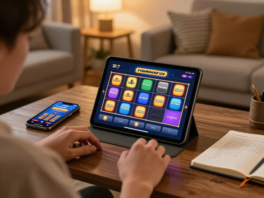 Engaging demo slot games on tablet in a cozy home environment while practicing responsible gambling.