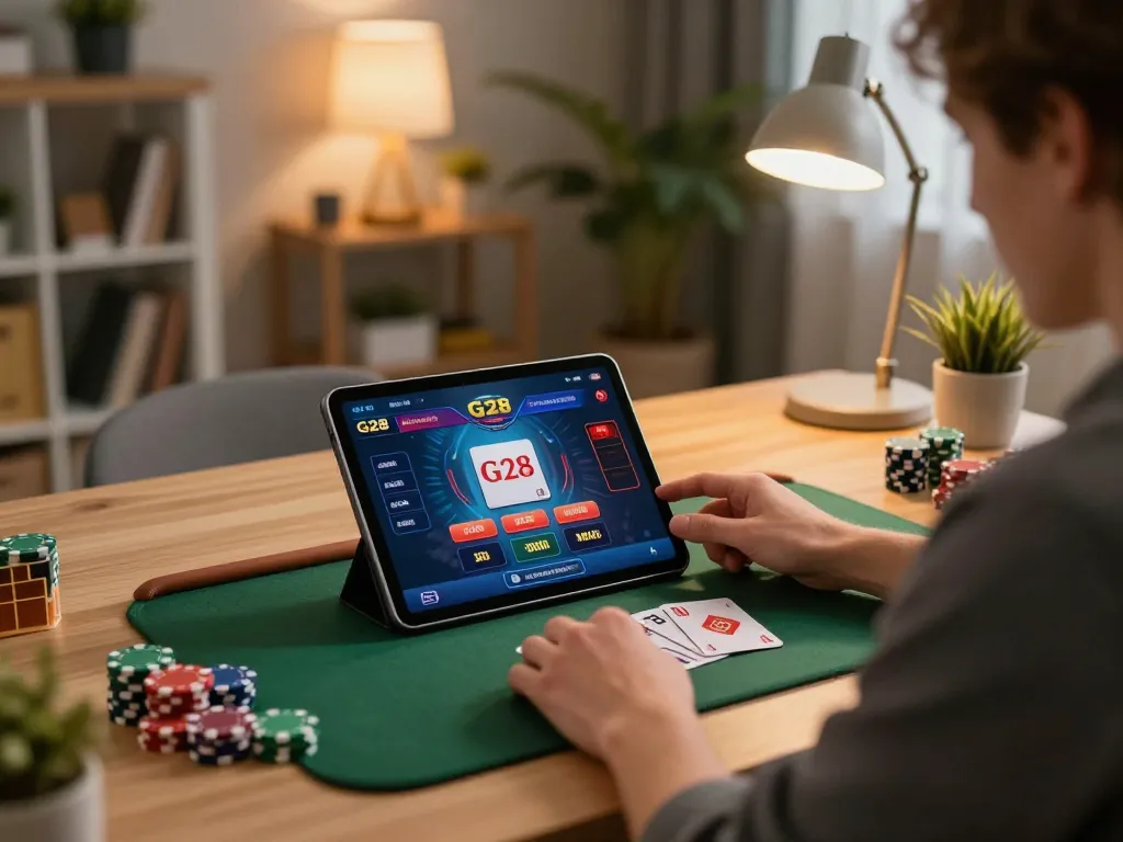 Player enjoying online gaming at G28 with tablet showing casino interface and cozy home setting.