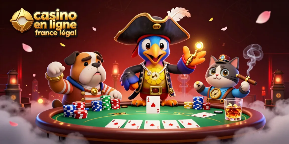 Illustration d'un casino en ligne France légal avec un pirate, un bulldog et un chat navigant autour d'une table de poker.
