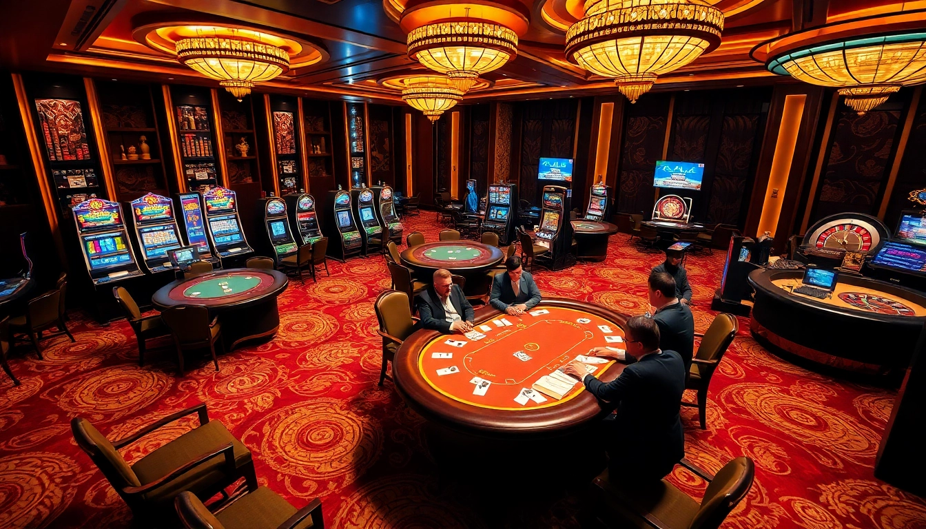 Vivez l'excitation dans un casino en ligne de luxe avec des tables de jeux vibrantes et des joueurs concentrés.