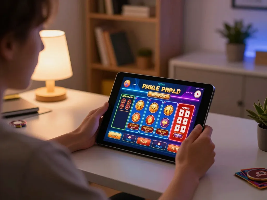 Engaging in live casino gaming on vsbet through a tablet in a cozy home setting.