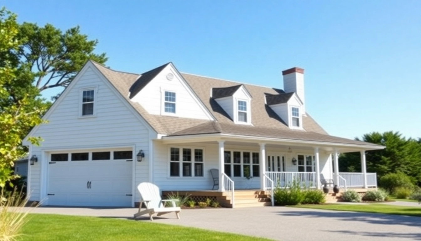 Cape Cod home addition with attached garage showcasing traditional architecture in a serene coastal setting.
