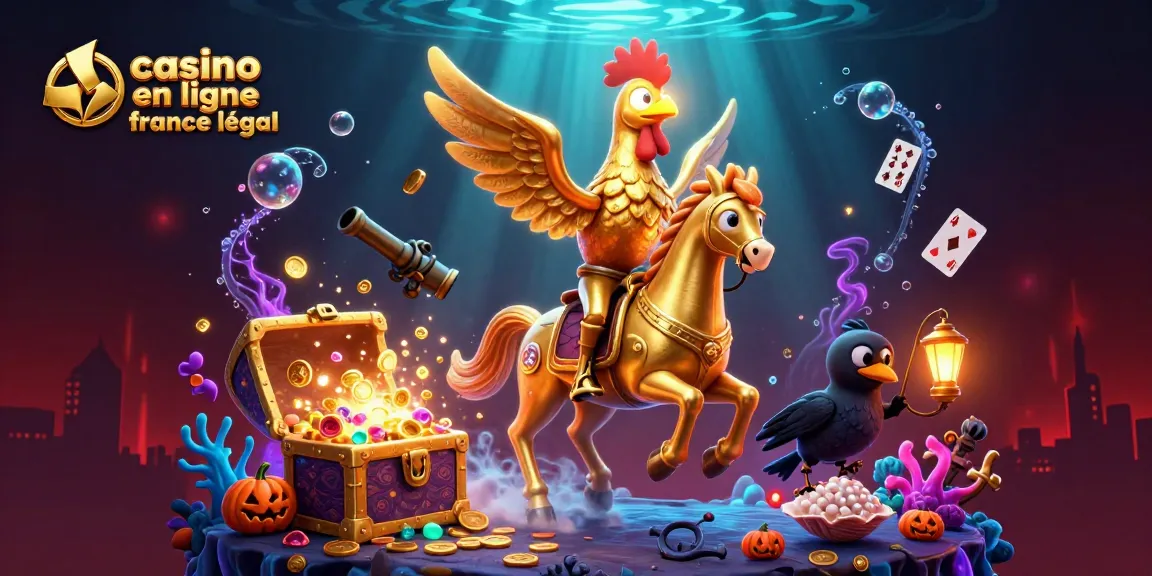 Jeux dynamiques au casino en ligne France légal, avec un coq doré et des croupiers fantomatiques illuminant la scène.