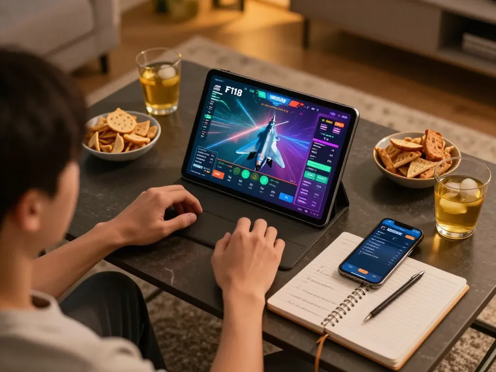 Engaging scene of F168 đăng nhập with a player strategizing on an online tablet setup surrounded by gaming notes.