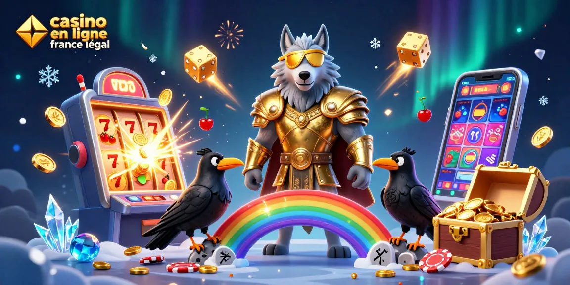 Illustration dynamique de casino en ligne légal en France avec Odin et ses corbeaux, machine à sous et éléments de jeux explosifs.