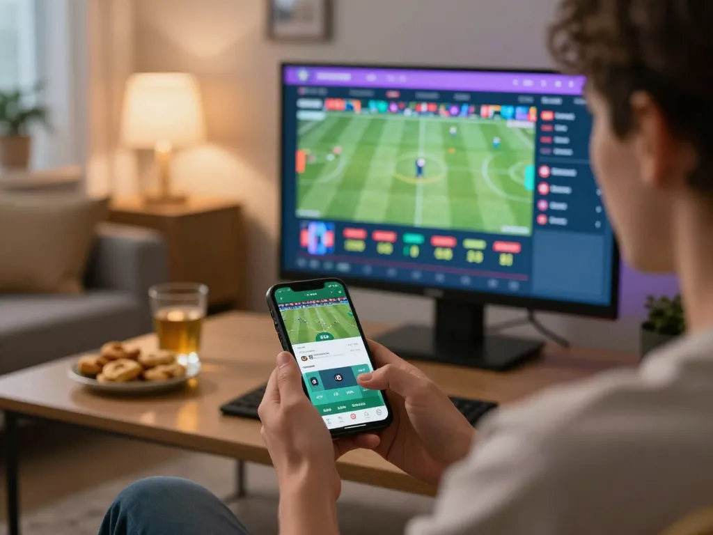Manclub user engaging with live sports betting app, experiencing excitement in a cozy home