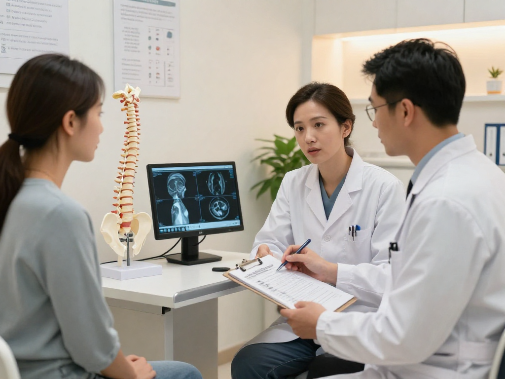 Consultation for Boyun fıtığı ameliyatı in a modern clinic with a surgeon and patient discussing treatment.