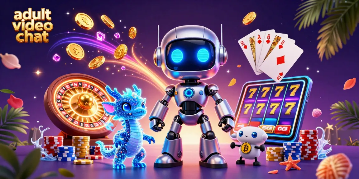 Engage in adult video chat with vibrant 3D illustration showcasing interactive gambling elements, slot reels, and neon visuals.