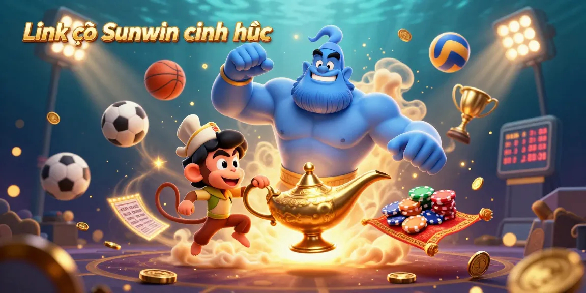 Engage with thrilling casino excitement in Link vào Sunwin chính thức featuring dynamic genie and monkey characters amidst vibrant poker chips and sports elements.