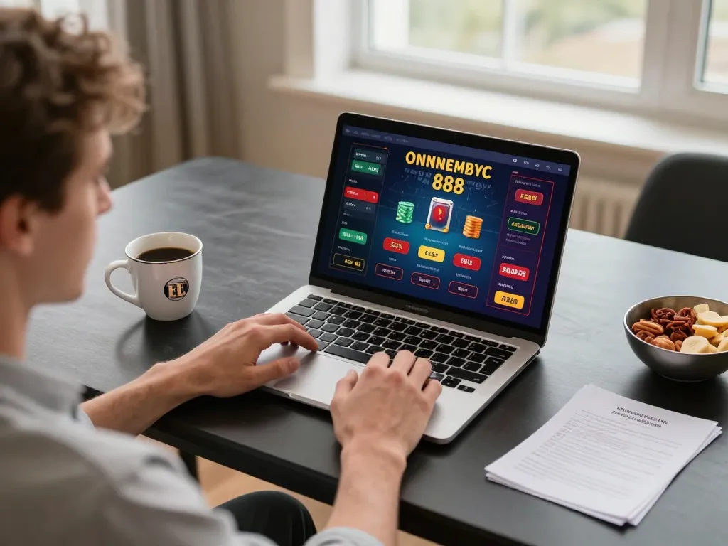 Engaged player using EE88 online casino on laptop, cozy home gaming setup with betting notes.