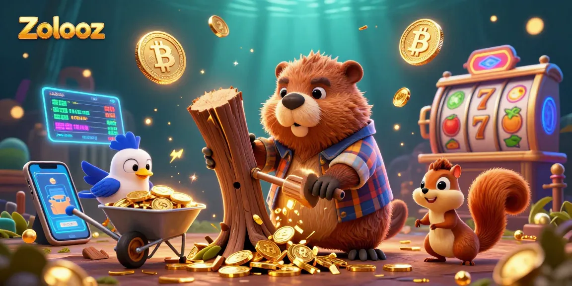 Zolooz brings an exhilarating casino scene to life with a cartoon lumberjack beaver, glowing cryptocurrency coins, and vibrant slot elements.