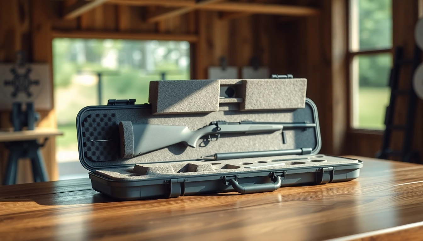 Foam for rifle case displayed in an open, textured case on a wooden table.